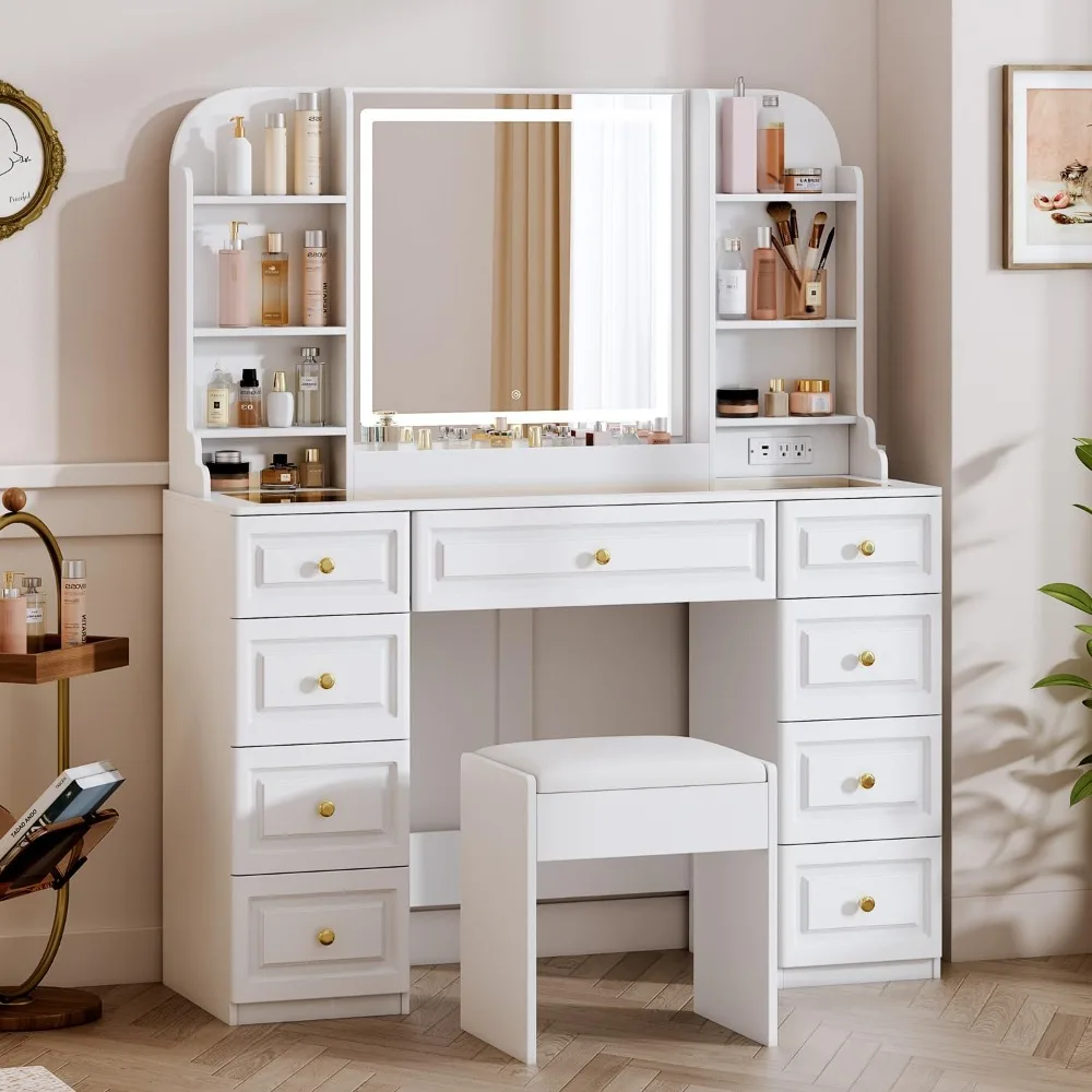 Vanity Desk with Mirror & Lights Power Outl，Makeup Vanity Desk with 9 Drawers & 8 Storage Shelves，Vanity Table with Chair