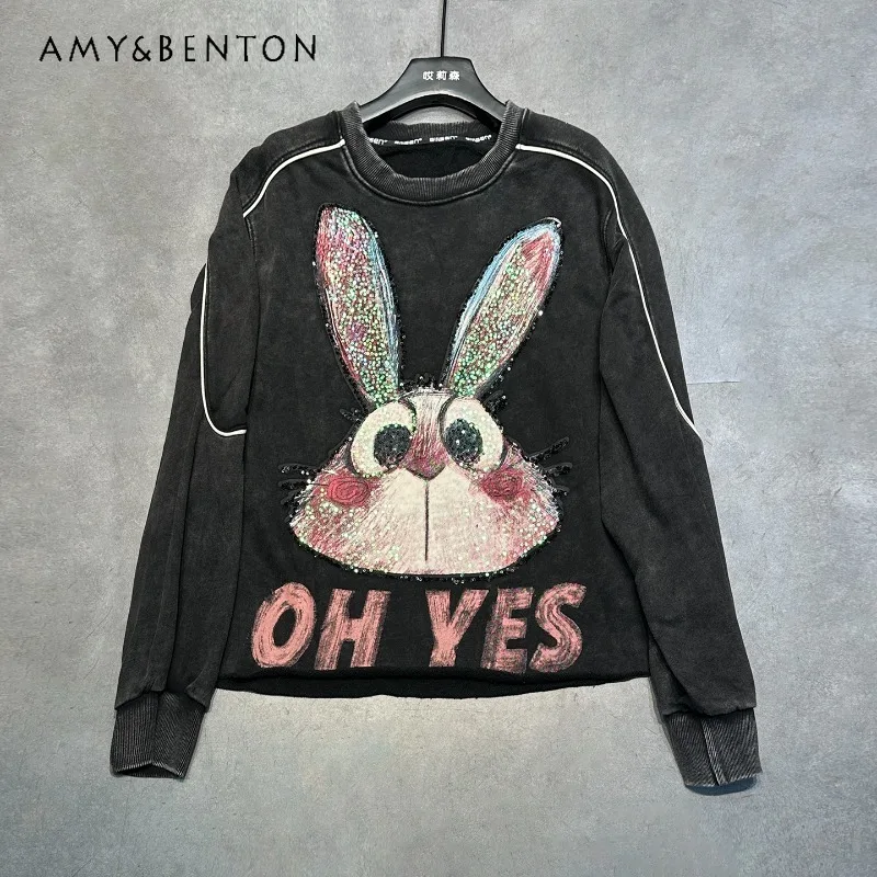 2025 خريف جديد الصناعة الثقيلة جديد الترتر طباعة الكرتون الأرنب طاقم الرقبة البلوز السيدات فضفاضة عادية لطيف معطف هوديس #1