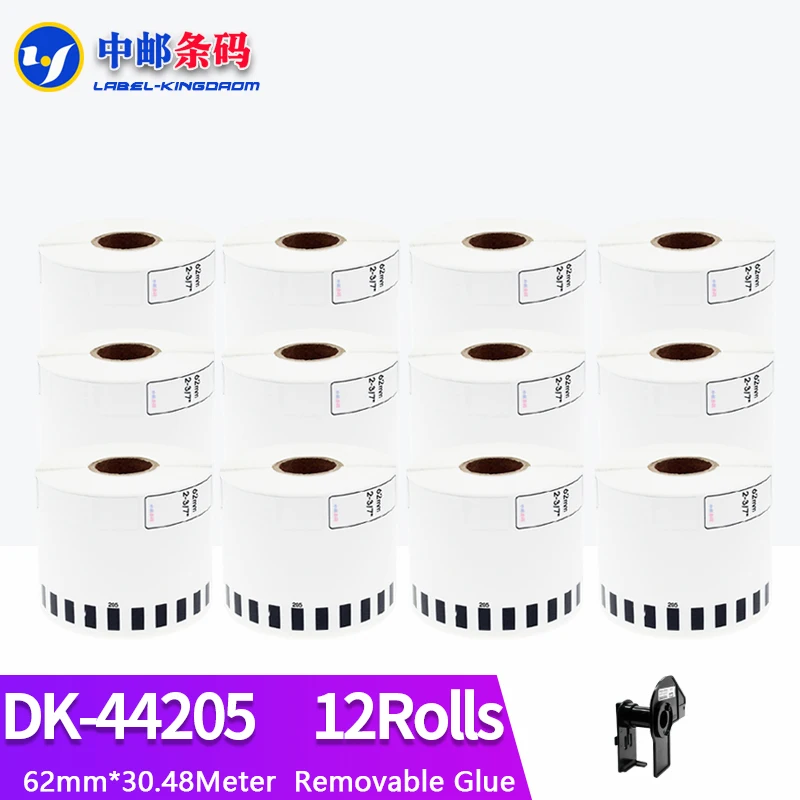 12 Refills Roll Compatible DK-44205 Label Removable Glue 62mm*30.48M Continuous for Brother QL-700/800/1060/1100 Printer DK-4205