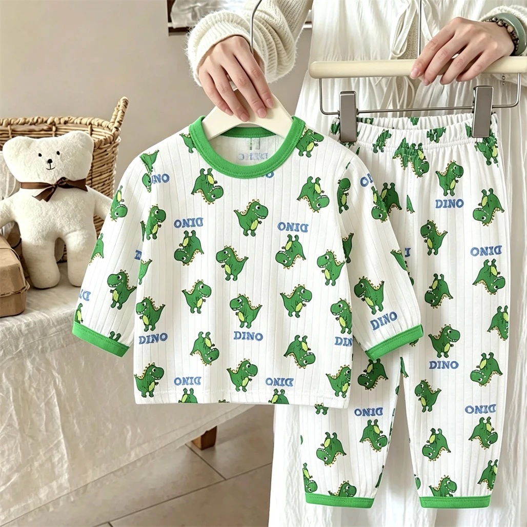Child New Long-sleeved Outfits Full Print Home Clothing Round Neck Base Shirt Pajamas Pants Two Piece Set Baby Thin Outfits