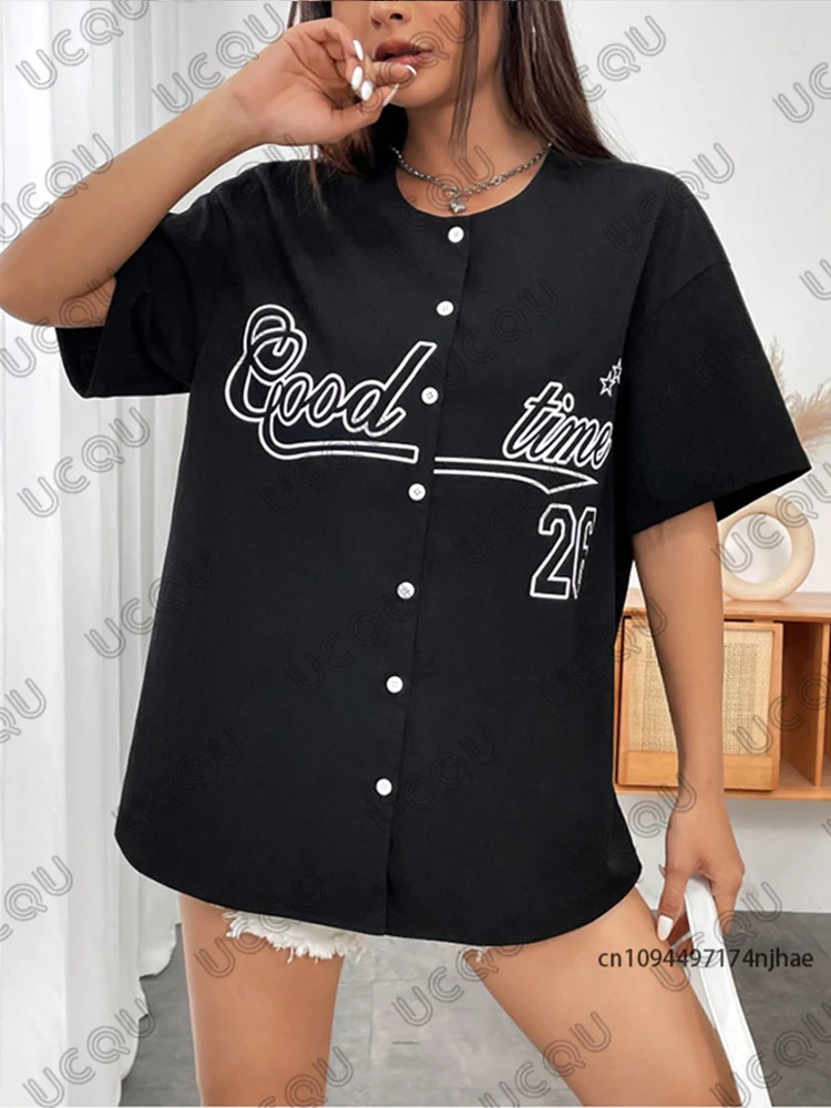 2025 novedad de verano Retro negro buena vez 26 blusa estampada ropa de calle para mujer camisa de béisbol Hip Hop manga corta Tops con botones