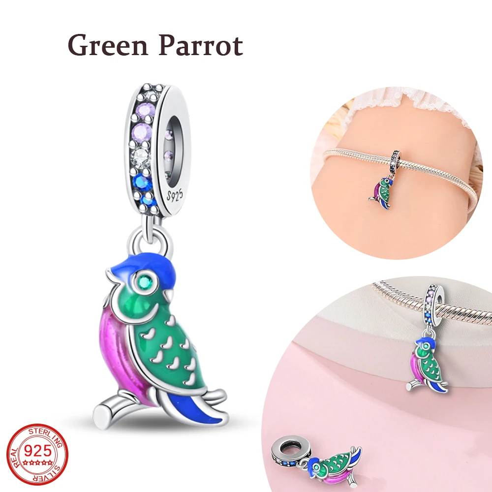 

Fashionable 925 Sterling Silver Cute Colorful Green Parrot Women's Pendant Fit DIY Bracelet Necklace Fashion Gift