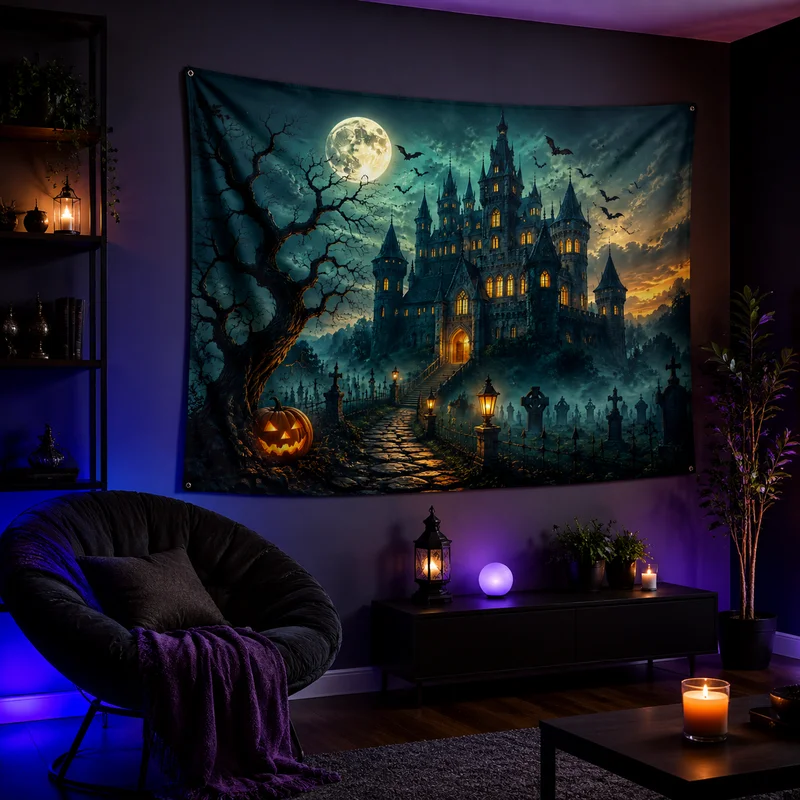 VIKAMA Dark Mist Gothic Tapestry, Atmospheric Fantasy-Printed Wall Hanging, Gothic Halloween Backdrop Decoration