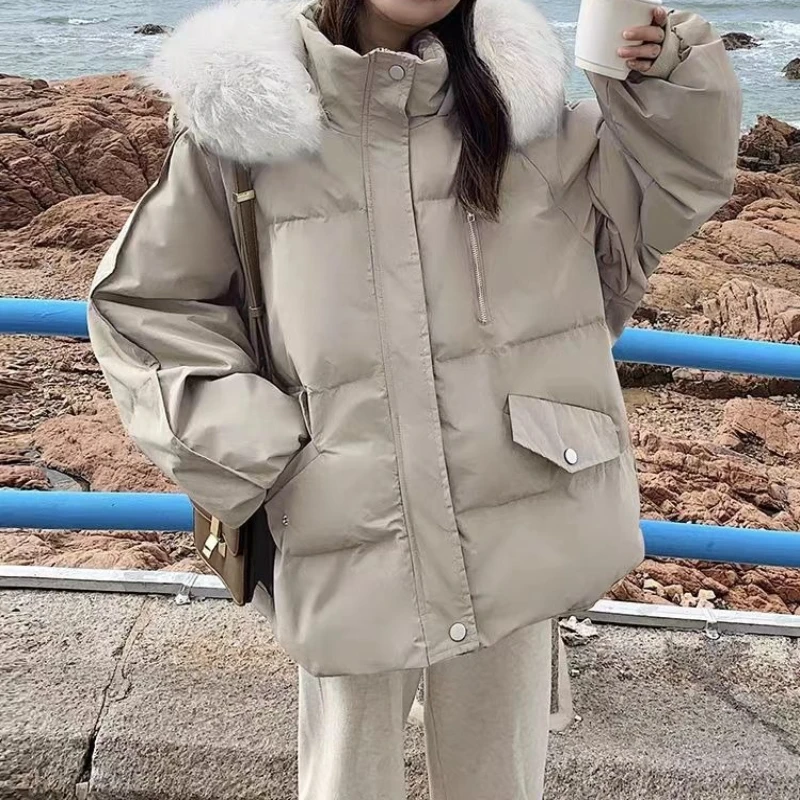 

Пуховая хлопковая куртка с большим меховым воротником, новое свободное зимнее толстое пальто