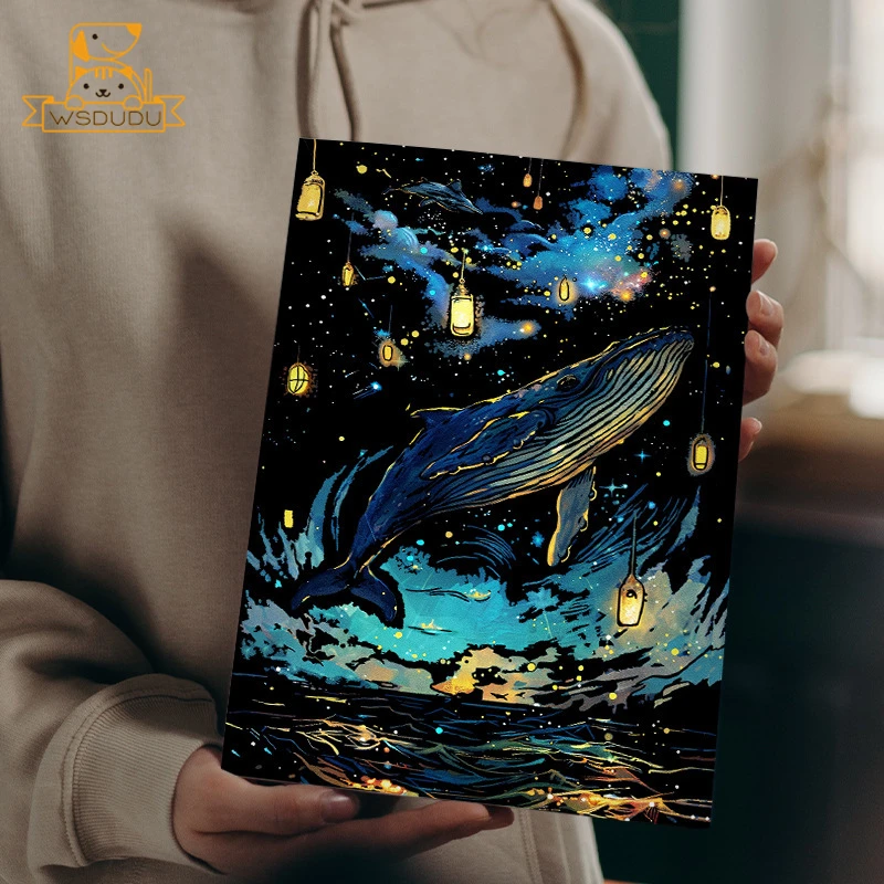 4 pezzi Glow in The Dark Whale Butterfly Scratch Painting Paper Art disegno magico giocattolo fai da te con penna Craft Card Game bambino regalo per