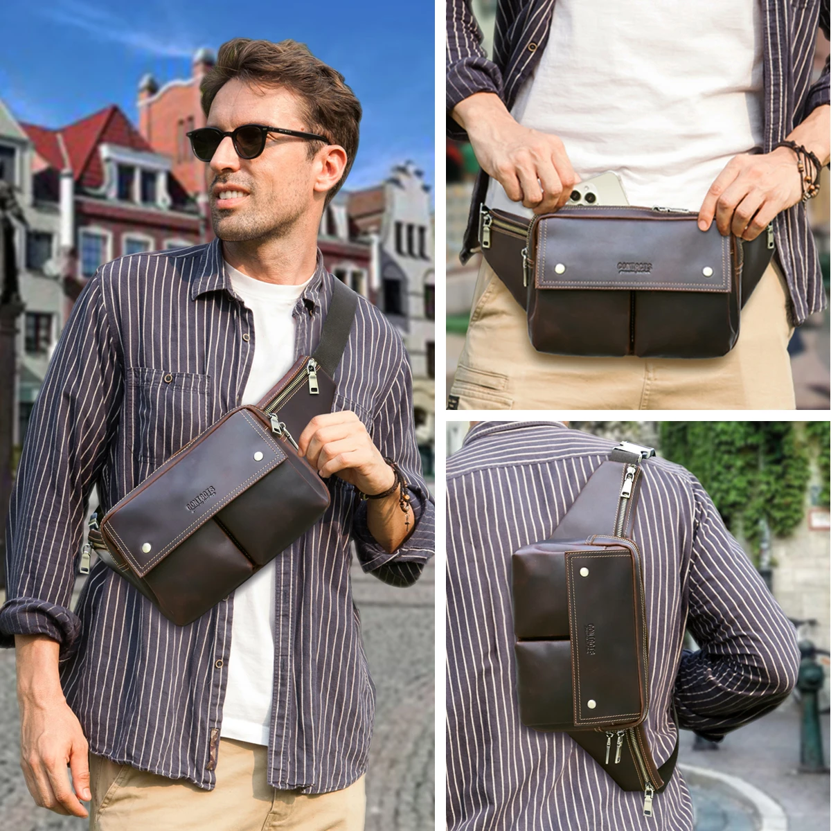 حقائب الخصر المصنوعة من الجلد الطبيعي للرجال من كونتاكت، حقائب خصر جلدية عالية الجودة، حقيبة كروس، حقيبة صدر للرجال مقاس 8.3 بوصة، iPad Mini