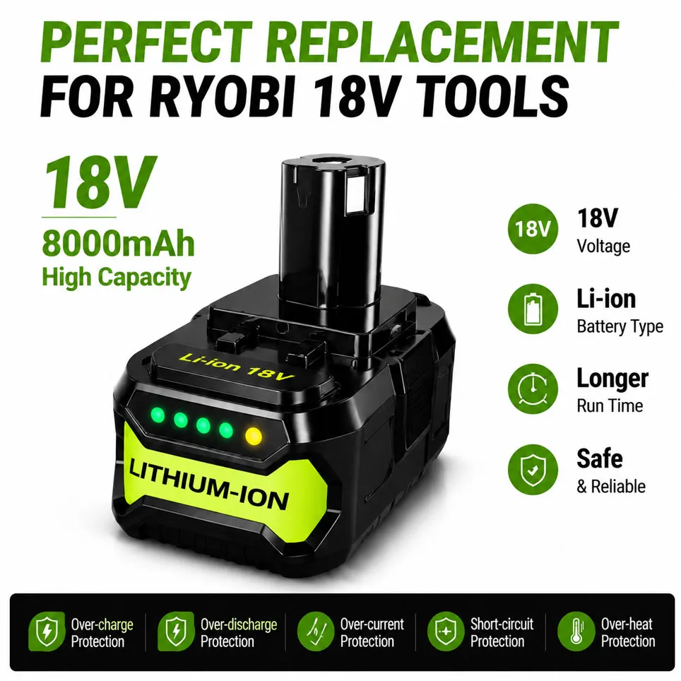 P108 8,0 Ah für Ryobi One 18 V, hohe Kapazität, 18 V Li-Ion, kompatibel mit Ryobi P107 P109 Elektrowerkzeugen, 8000 mAh Akku