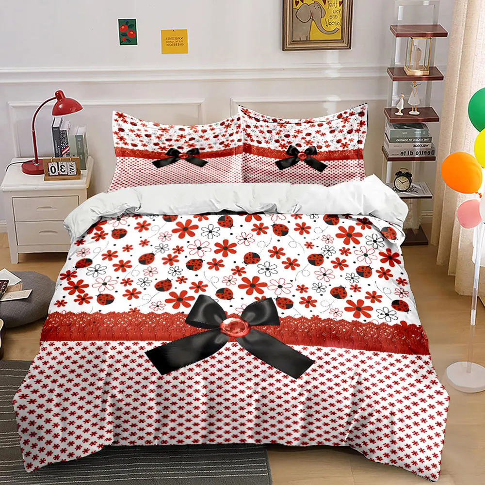 

Ladybugs and Floral Decorative Background Printed Duvet Cover Set 1 Duvet Cover+2 Pillowcase Multi Size Bedroom Bedding Decor