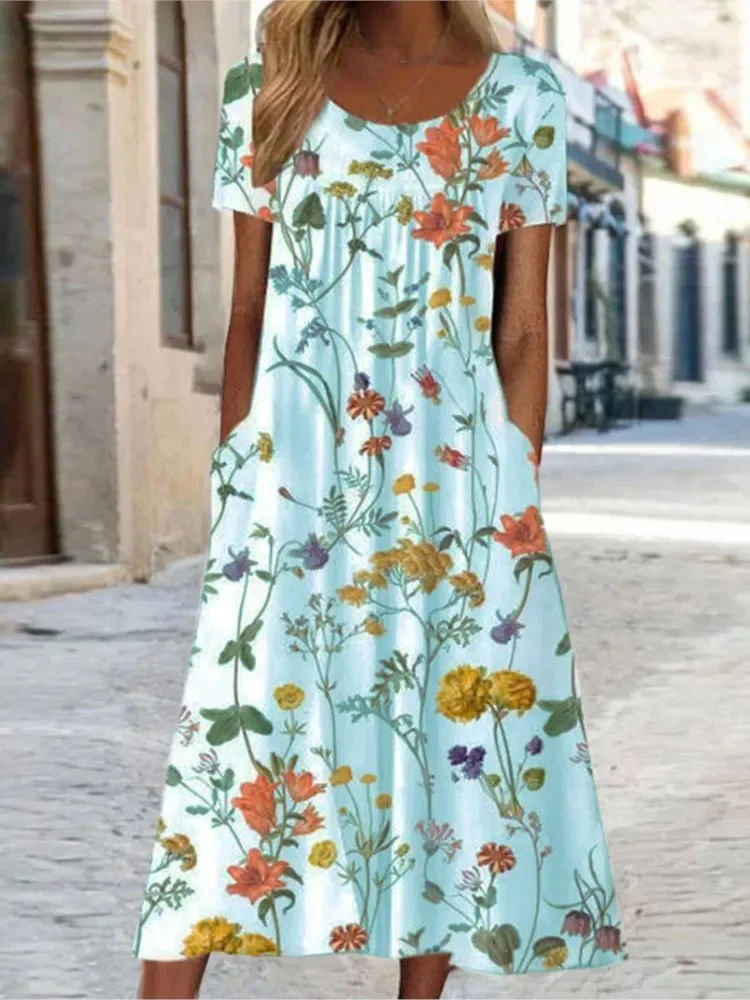 المرأة خمر الأزهار فستان طويل بوهو الصيف س الرقبة عادية فضفاض جيب قصيرة الأكمام فساتين حفلات الشاطئ للنساء فستان ماكسي