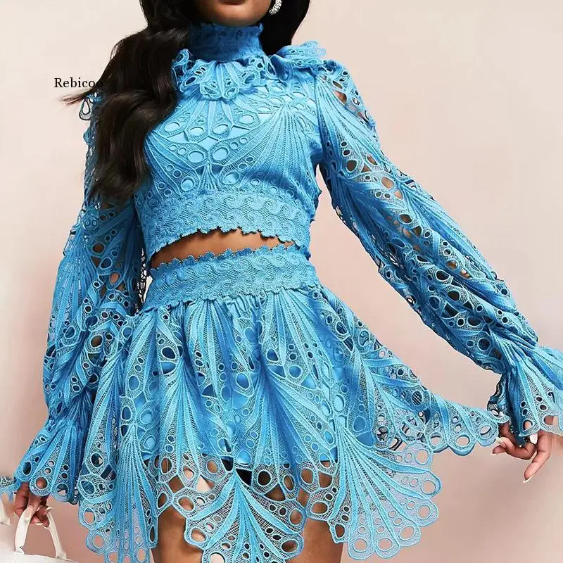 

2023 New Winter Black White Blue Women Long Sleeve Fashion Lace Hollow Out 2 Pieces Dress Vacation Birthday Party Girls' Dress