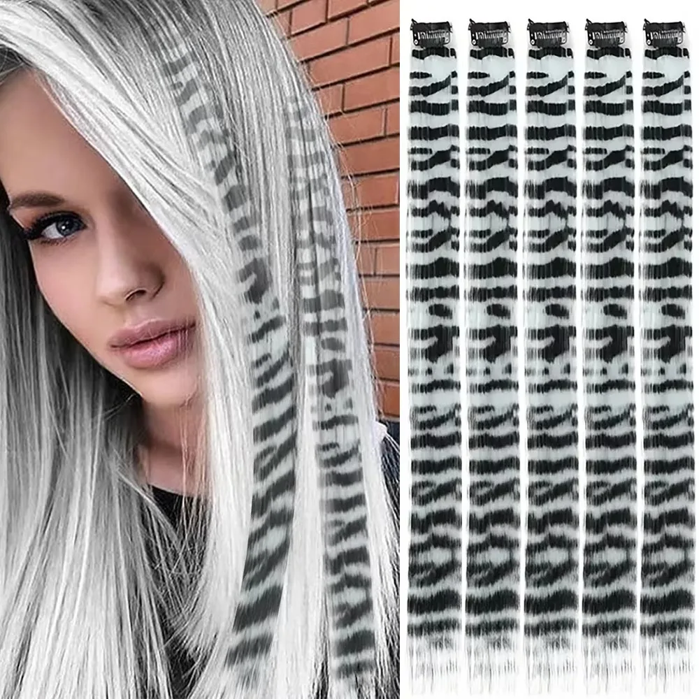 

Stripe Printed Clip in Hair Extensions Colorful Synthetic Hair Highlights 18 Inches Straight Wig Hairpieces for Daily Use Party