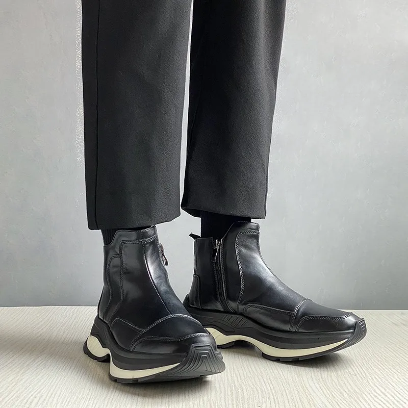 JINIWU 2026 Autumn Winter Men Thick Sole Short Leather Boots Genuine Leather Line Design Zipper Height Increasing Sports Boots