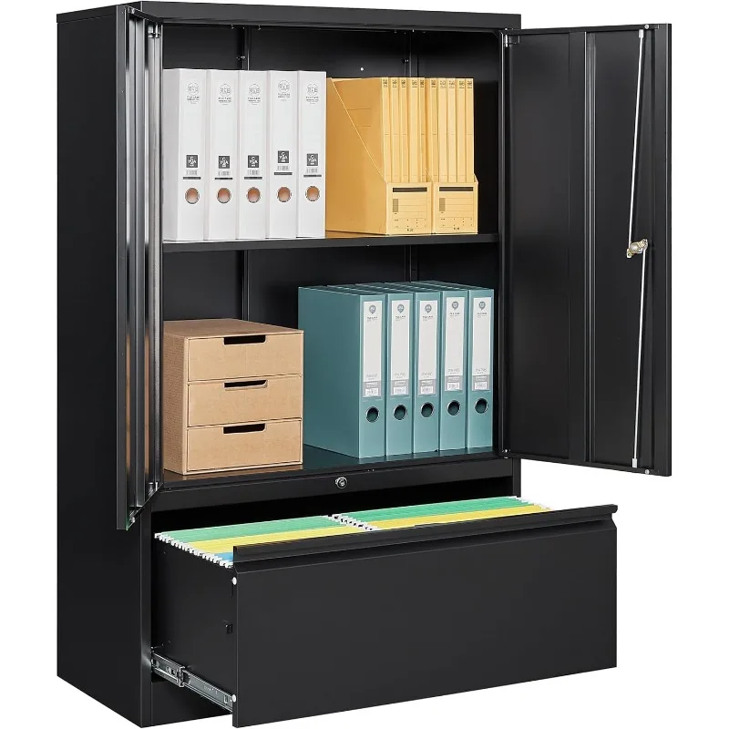 Metal Storage Cabinet with Drawers, 51 Inch Black File Cabinet, Locking Steel Storage Cabinet with Doors and Shelves