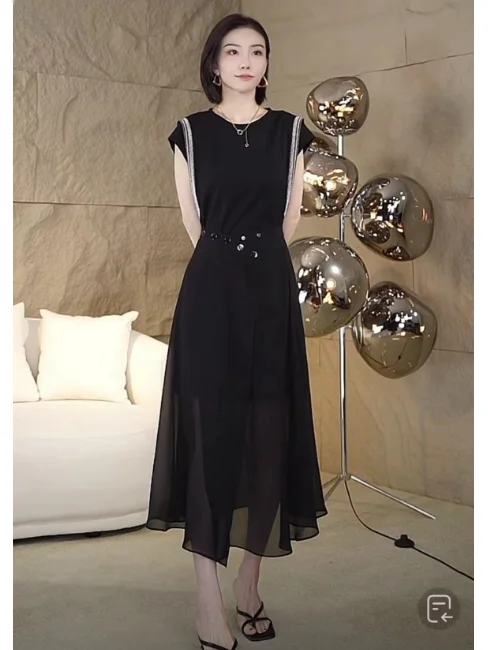 

Elegant Black Two-Piece Set Women's Fashion Summer 2026 Waist-Cinching Dress High-Quality Sensation Unique Style Midi Dress