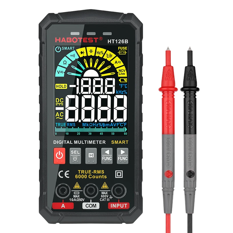 

HABOTEST HT126B 6000-Count VA Digital Display Frequency 60mF Capacitance True RMS NCV Fuse Warning Electrical Tester Multimeter