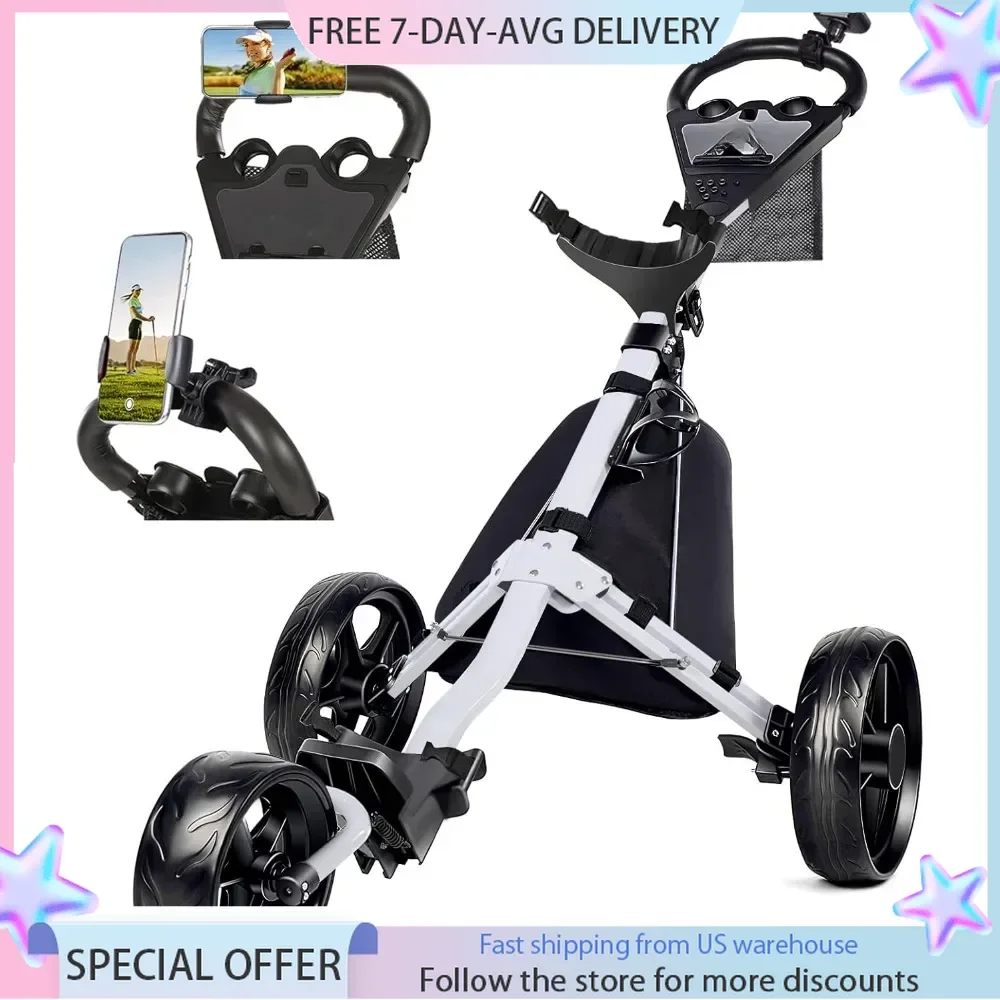 Golf Cart, Foldable Golf Push Cart, Bag Cart, Bag Cart Collapsible Golf Pull Cart with Phone Holder and Storage Bag