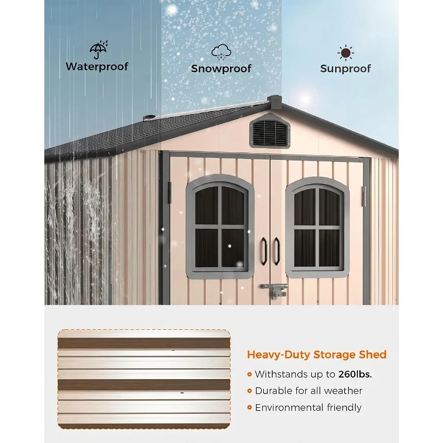 Outdoor storage shed for garden tools, heavy-duty galvanized steel, gray, weatherproof with double doors and 2 windows for bike