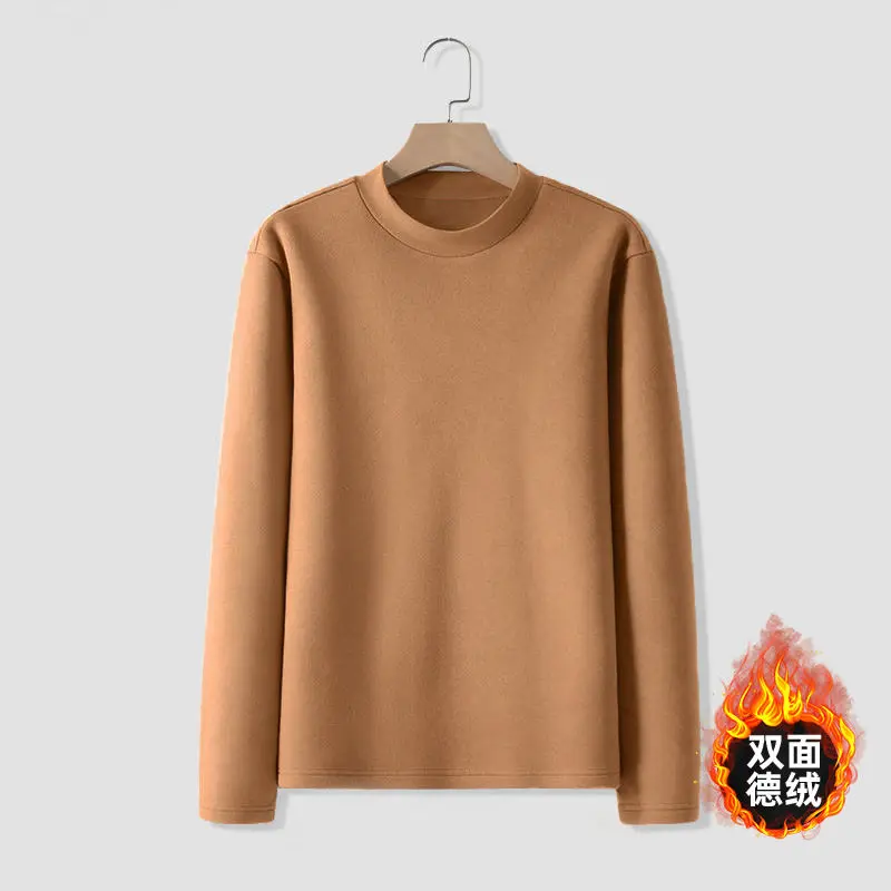 Men’s Half High Collar Warm T-Shirt Plain Casual Fleece-Lined Pullovers Bottoming Round Neck Long Sleeve Thermal Underwear Tops