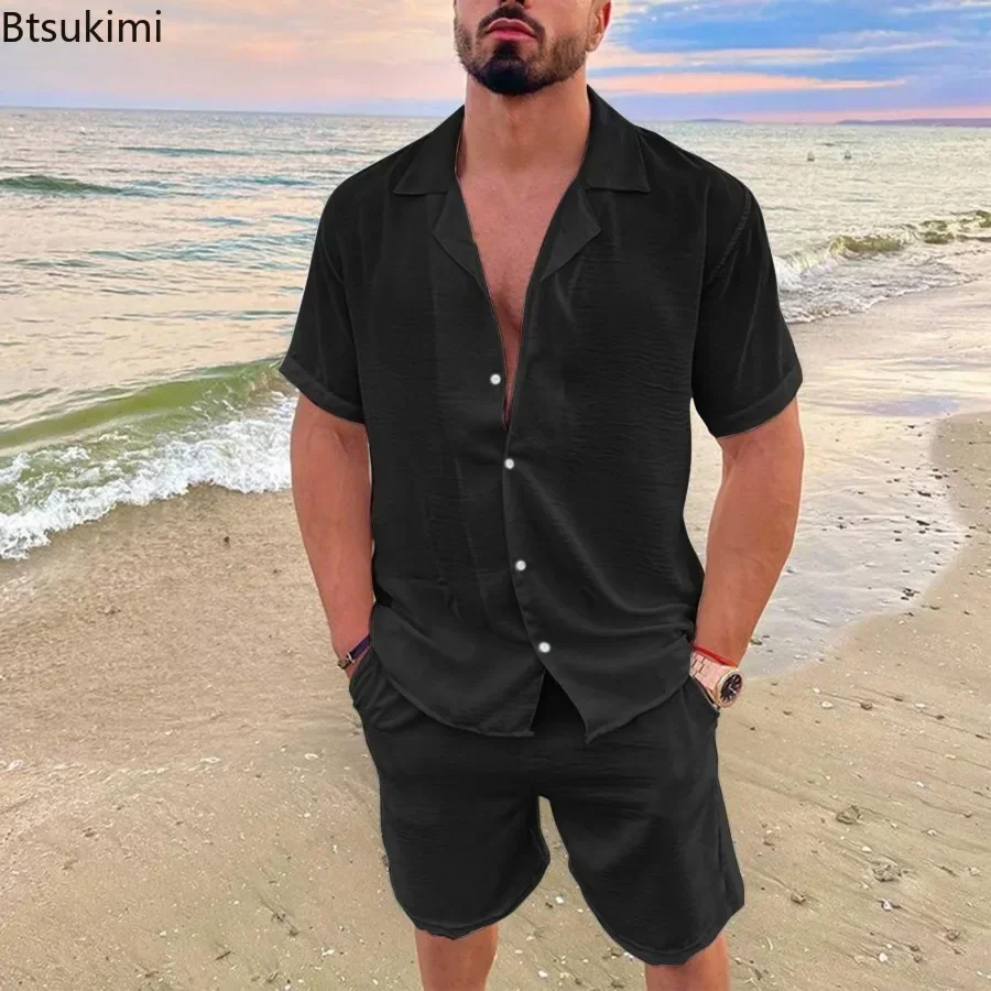 New 2024 Men\'s Summer Cotton Linen Sets Solid Short Sleeve Lapel Shirts and Shorts Sets Man Hawaiian Beach Holiday Clothing Sets