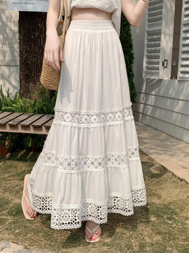 

SMTHMA High-End Design Lace Hollow High Waist Long Skirt For Women's New Spring Summer Sweet Mid Length Ccake Skirt