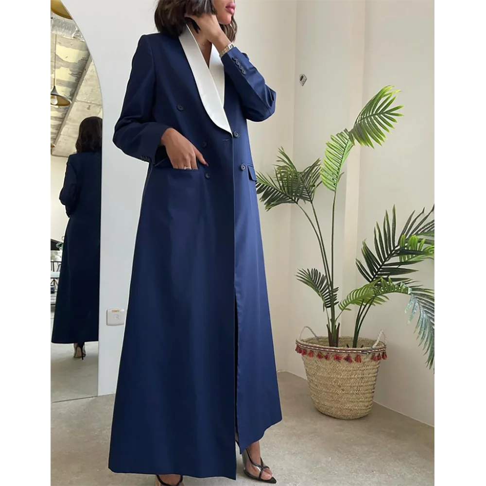 

Luxury Blue Women Long Jacket Female Daily Double Breasted White Lapel Coat Formal Female Saudi Arabia Dress müslüman elbiseler