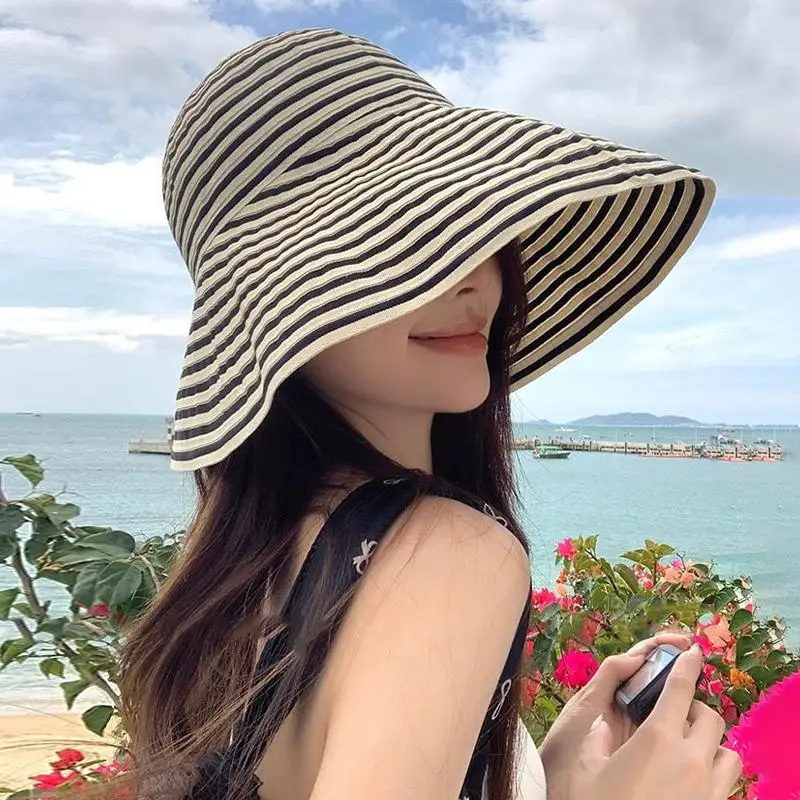 Beach‑Vacation Sun‑Protection Wide‑Brimmed Color‑Blocked Striped Sun Hat, 2026 Summer Versatile Foldable Style