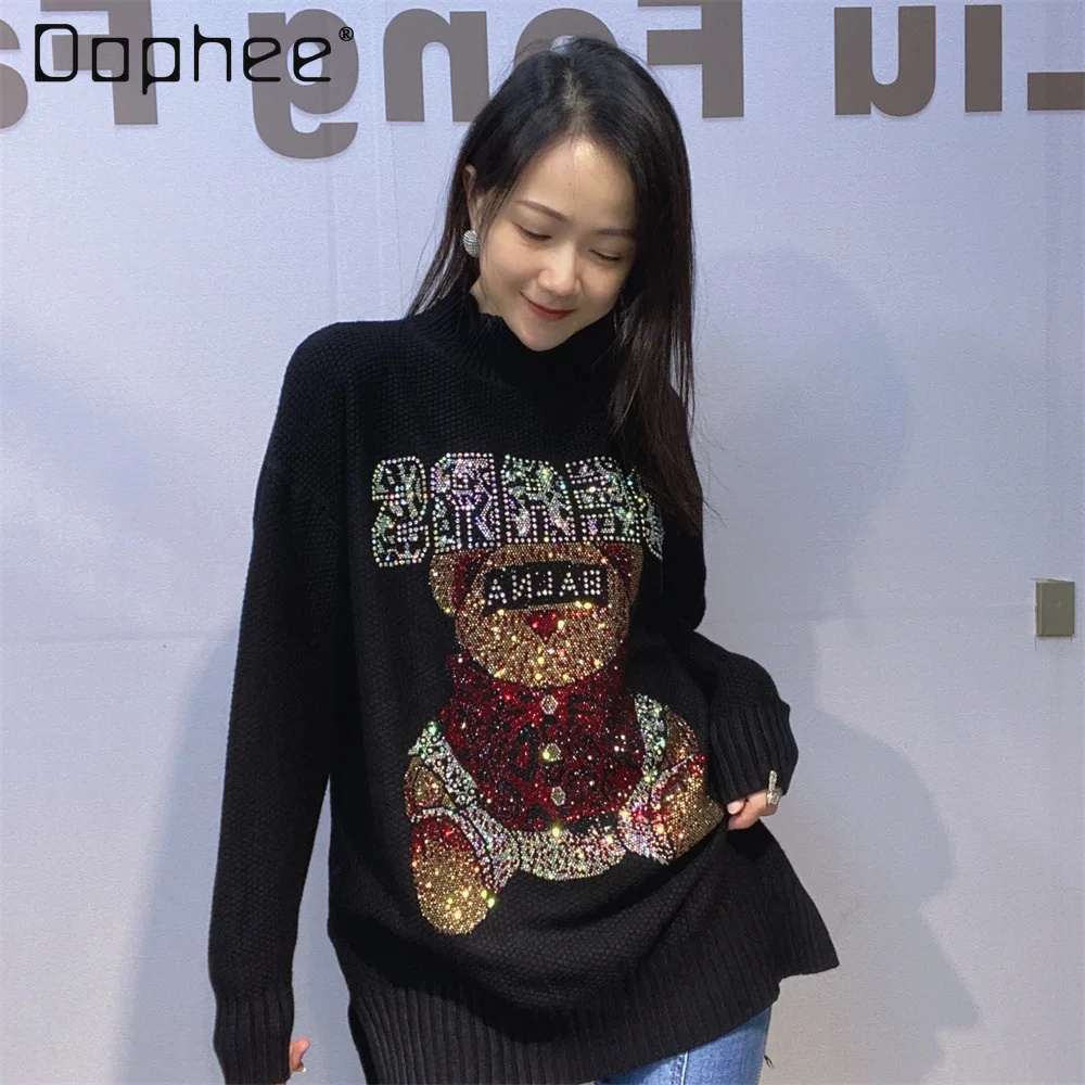 

Bear Black Sweater Womens Autumn Winter New Stand Collar Cartoon Rhinestone Loose Knitted Long Sleeve Pullover Jumper