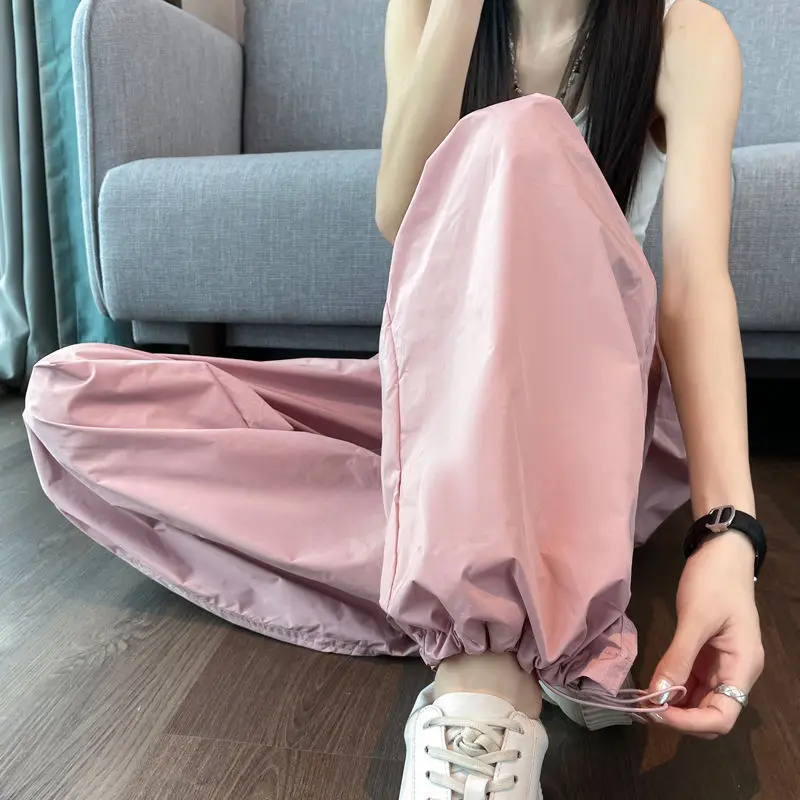 Capris Spliced Cargo Pants Women Ankle Length Straight Pant Pockets Streetwear High Waist Drawstring Loose 2025 Summer
