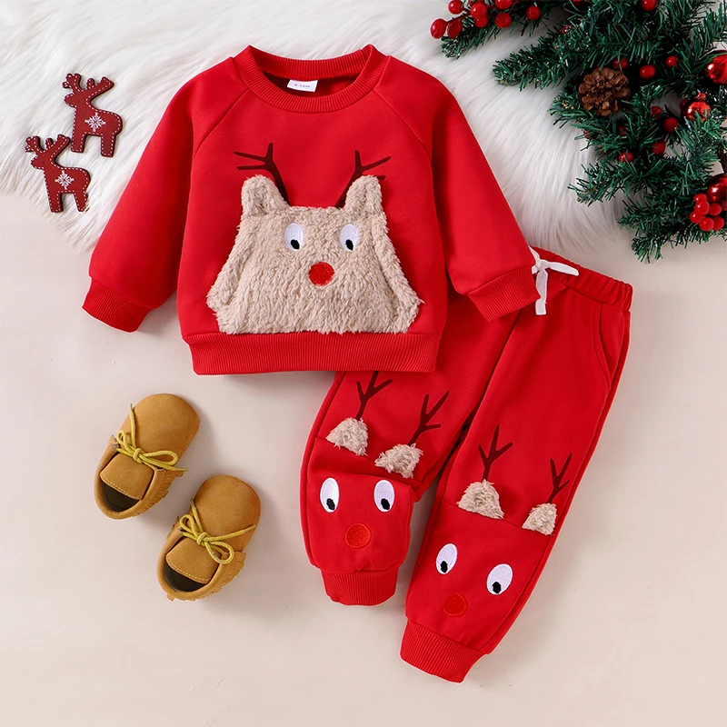 

Toddler Boys Christmas Outfits Cartoon Embroidery Long Sleeve Sweatshirts Long Pants Baby 2Pcs Fall Clothes Set