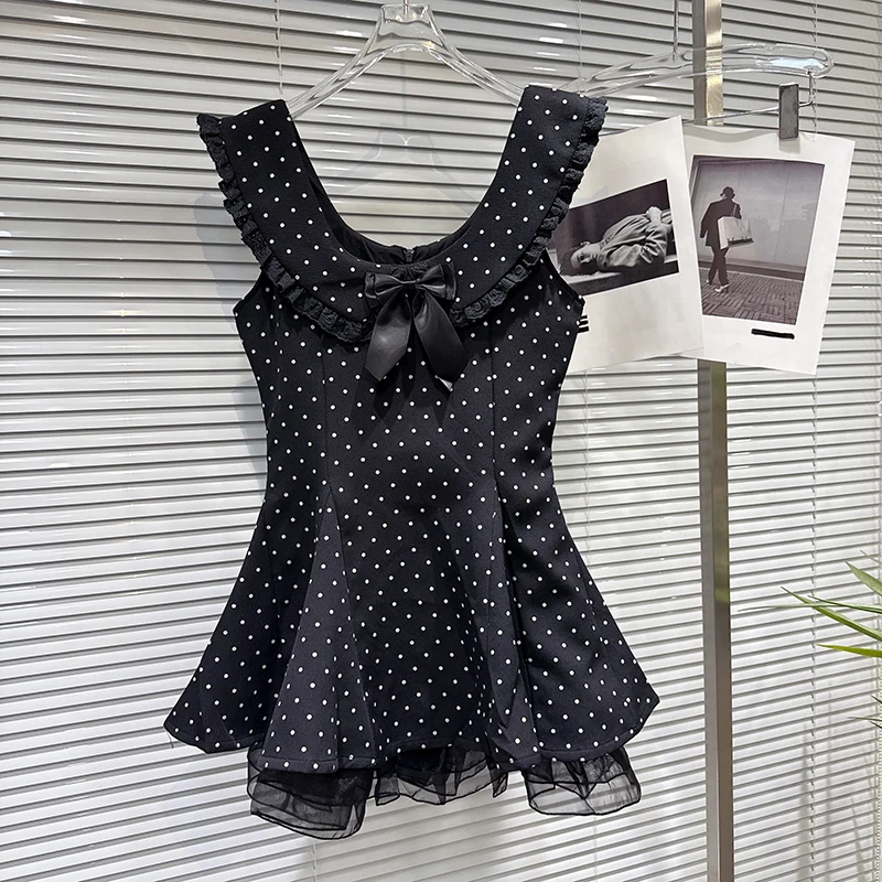 Spring Autumn Fashion Printing Polka Dot Dress Female High Waist Sleeveless Zipper Bow Tie Pin Slim Mesh Mini Dress for Women
