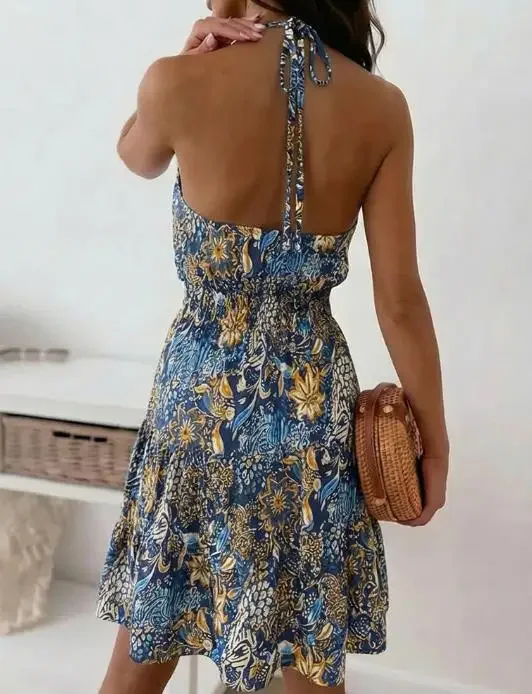 

Women's Vintage Print Halter Tie Ruched Backless A Line Dress 2026 Summer Female Casual Shirred Waist Ruffle Hem Vacation Dress
