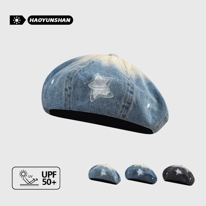 

Creative Stars Graffiti Gradual Change Denim Berets Y2K Summer Autumn Travel Fashion Versatile Casual Retro Painter Hats Women
