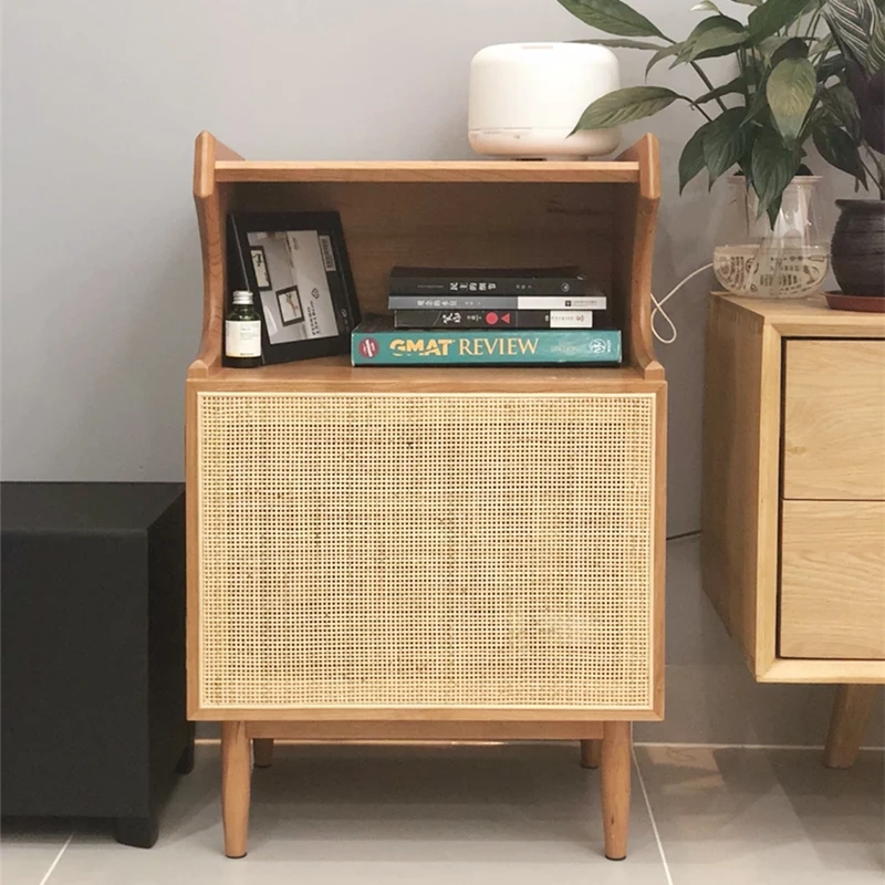 

Nordic solid wood bedside table simple rattan locker Japanese-style small apartment bedroom storage cabinet creative sofa side c