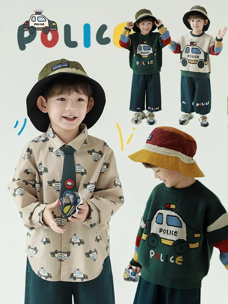 Boys 2024 New Color Blocked Striped Sweater Small Lapel Shirt