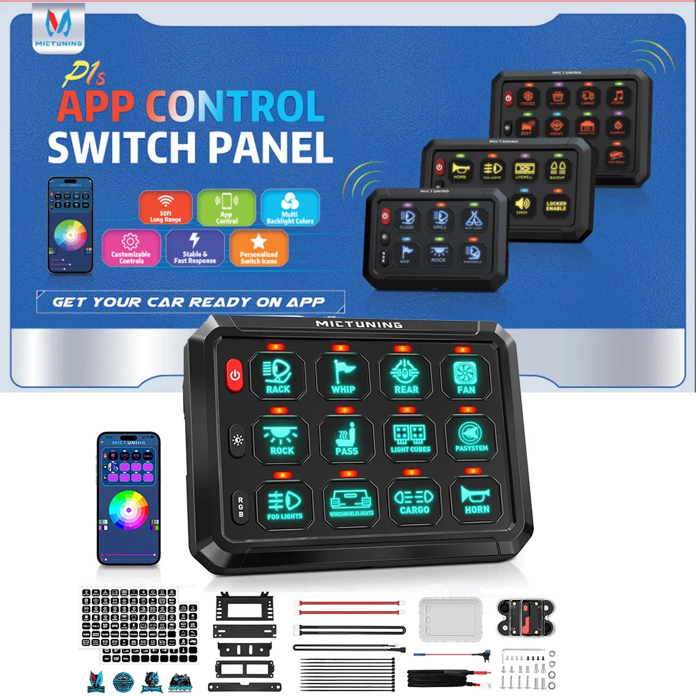 MICTUNING RGB App 8/12 Gang Switch Panel, Wireless App Control with TOGGLE/ MOMENTARY/ PULSED MODE LED On-Off Led Switch for Car