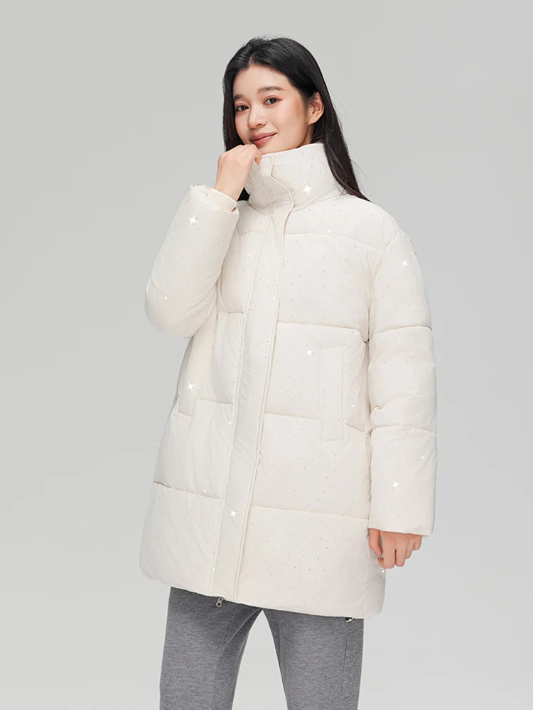 Hiver col montant chaud mi-long coton doudoune femmes blanc canard vers le bas fermeture éclair doudoune femme cordon Parker vêtements d'extérieur