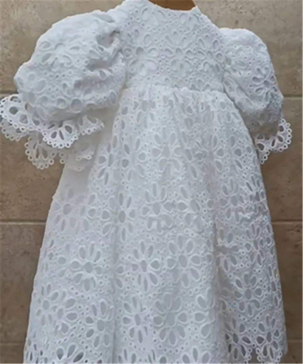 White Balloon Sleeve Flower Girl Dresses for Wedding Hollow Out Lace Long Princess Kids Pageant First Communion Ball Gown