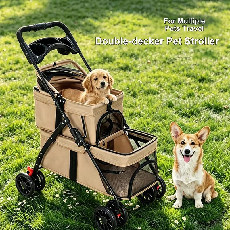 Double-layer Multi-functional Pet Outing Cart, Portable Foldable and Lightweight Portable Cat Dog Walking Rod Bag