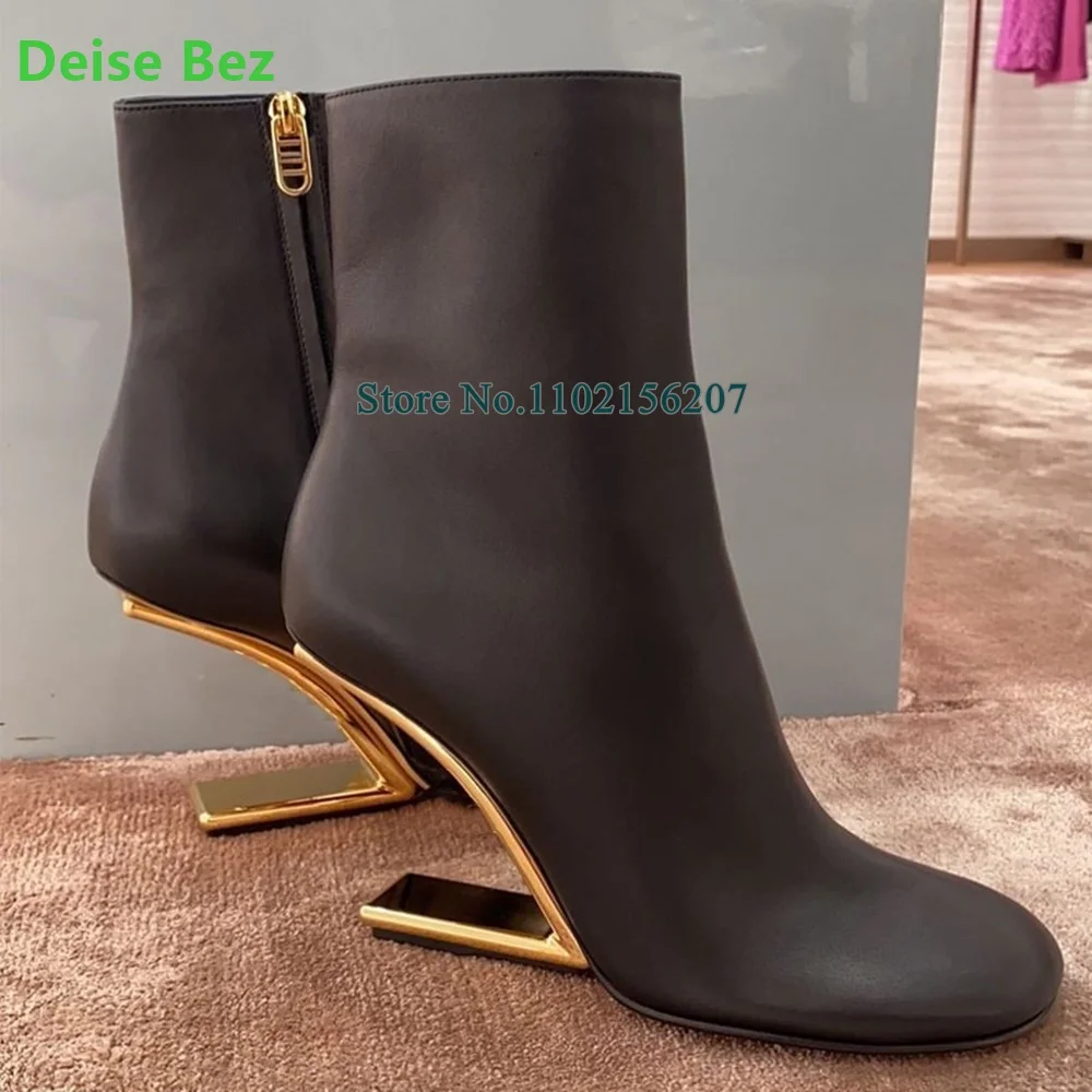 Metal Strange Heel Real Leather Boots For Female Women 2022 Winter Luxury Designer Side Zipper Round Toe Fashion Elegant Shoes