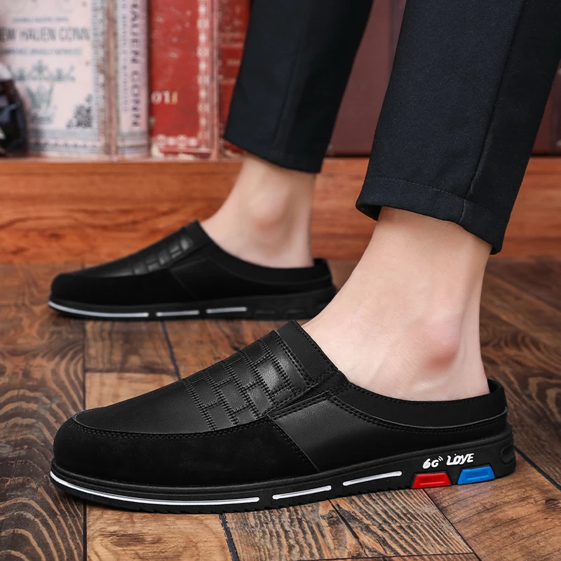 Large Size 37-48 Leather Mules Men Backless Loafers Slipper Half Shoes For Man Closed Toe Slide Sandals Open-back Casual Shoes