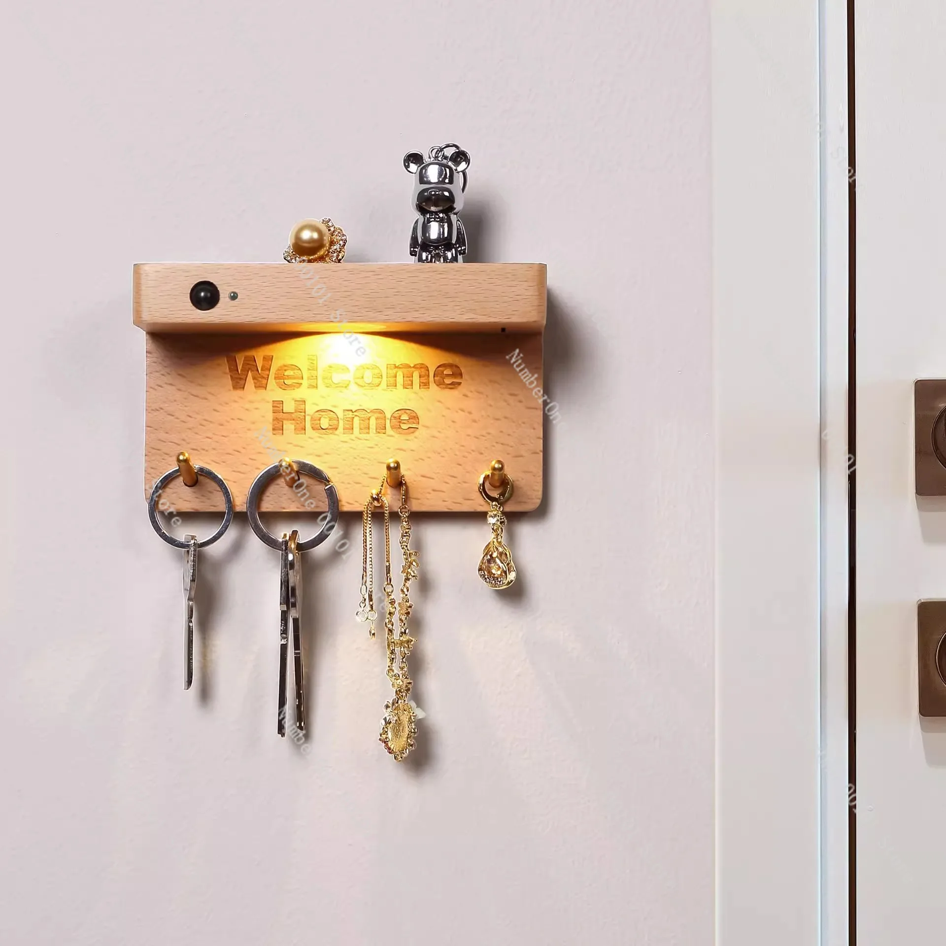 

Solid Wood Human Body Sensor Night Light with Key Hook Storage Free Wiring Home Decorative Lighting