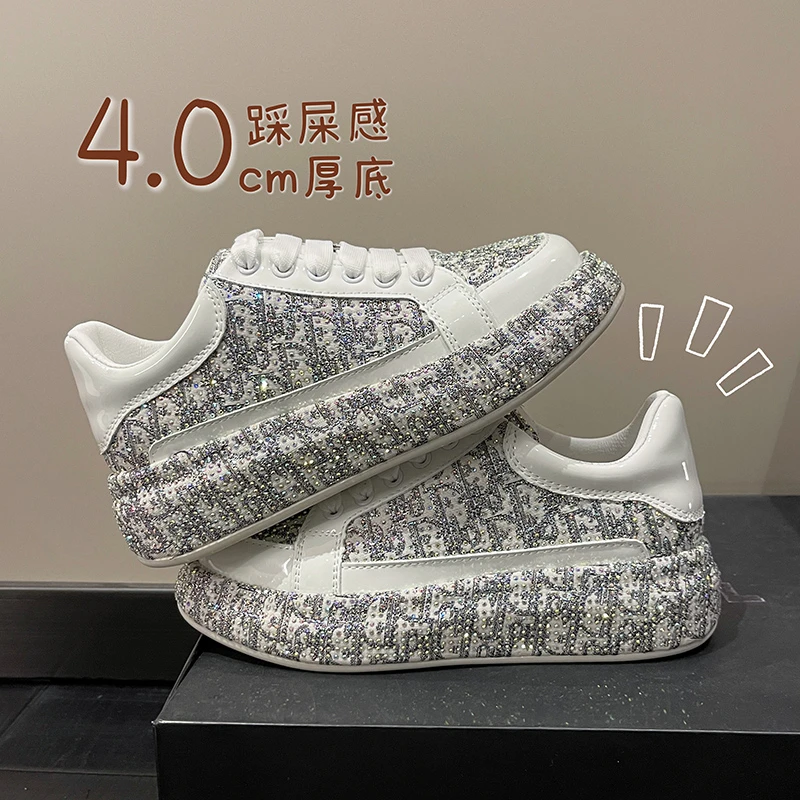 New Spring Women Sneakers Fashion Rhinestones Thick Sole Sports Shoes for Youth Shoes Crystal Silver Platform Sneakers Lace-up