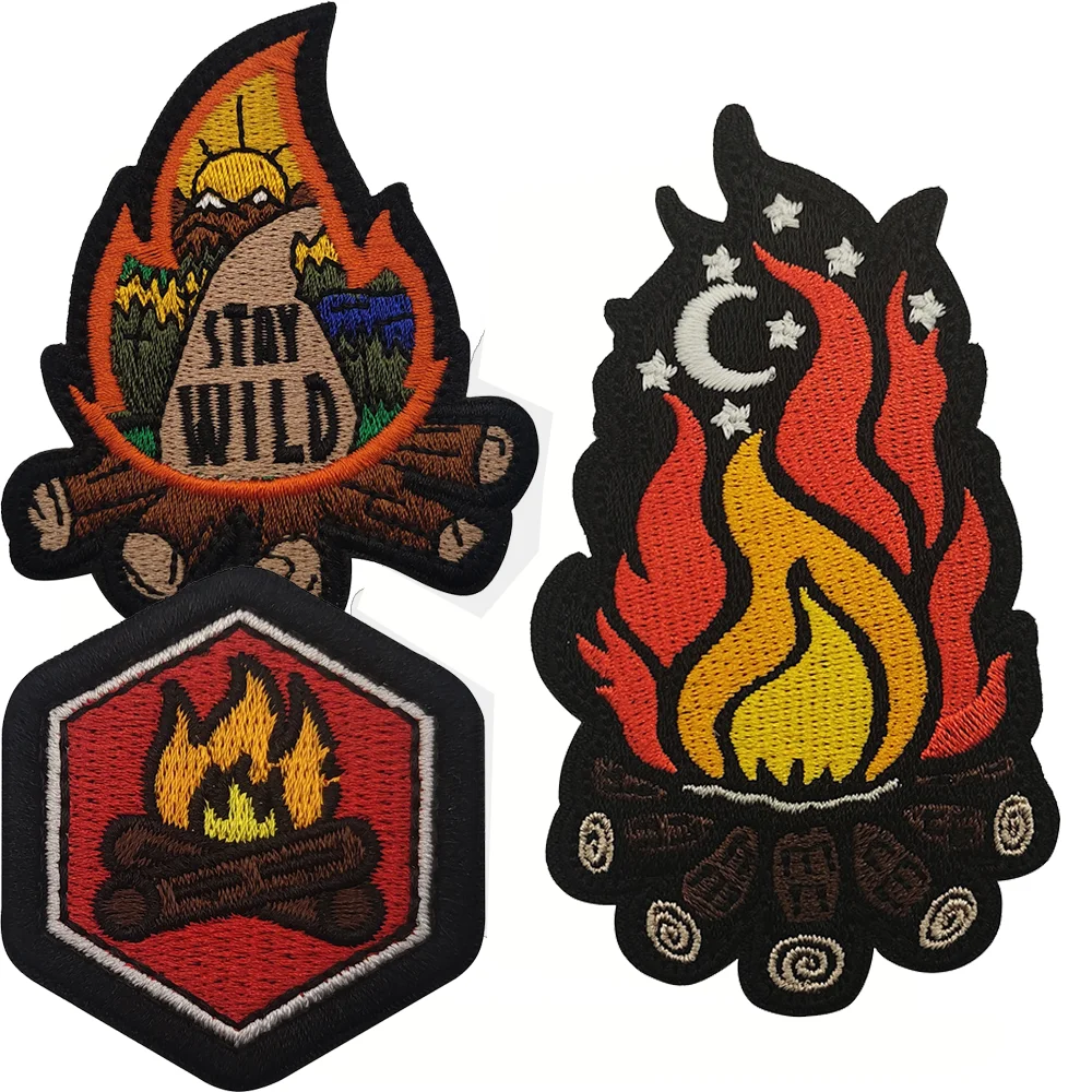 Vacation outdoor camping natural scenery fabric sticker Hook and Loop Bonfire flame  chapter embroidery cloth patch