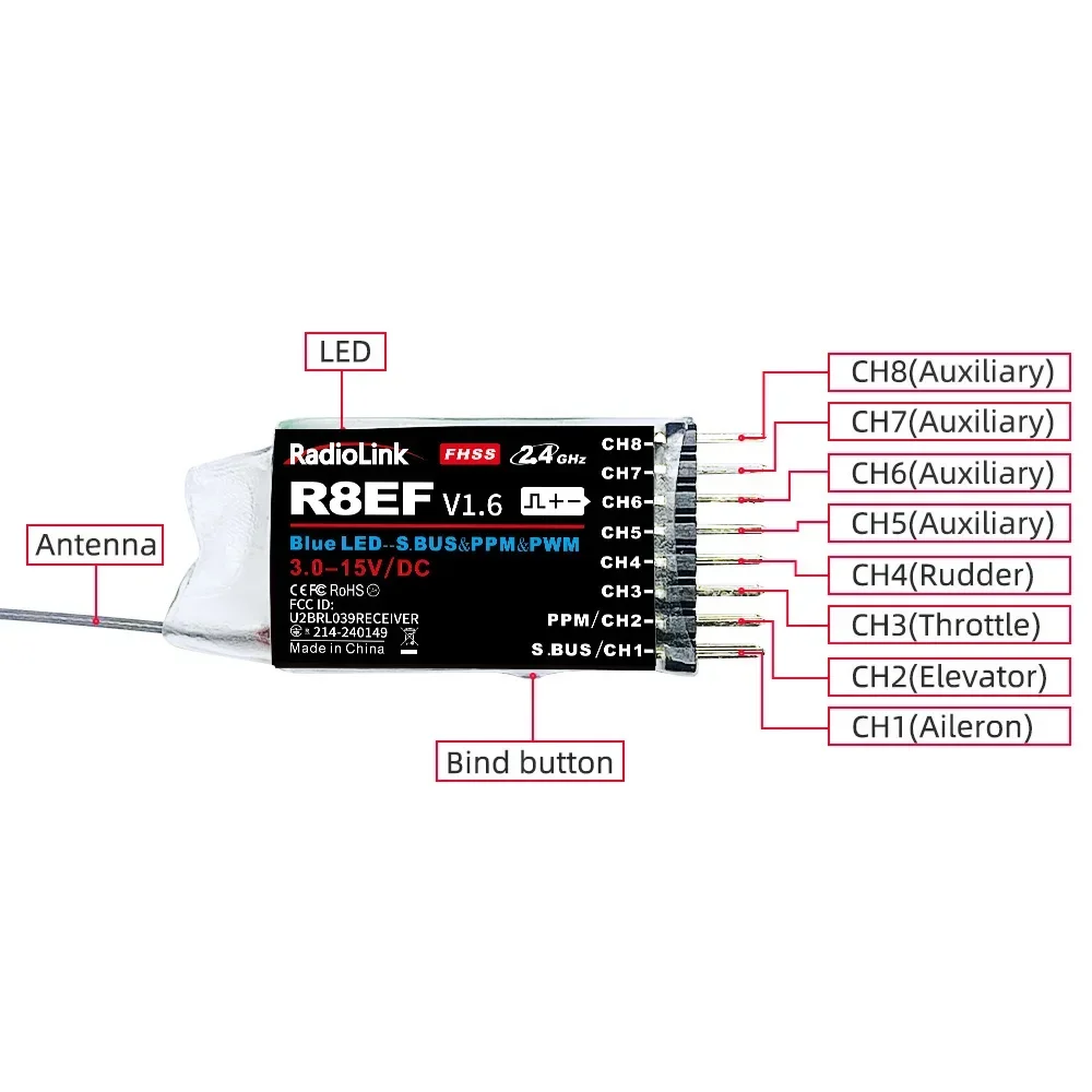 Radiolink R8EF receptor de 8 canales 2,4G soporte SBUS PPM PWM para 8CH T8FB T8S RC3S RC4G RC4GS RC6G transmisor RC coche barco avión