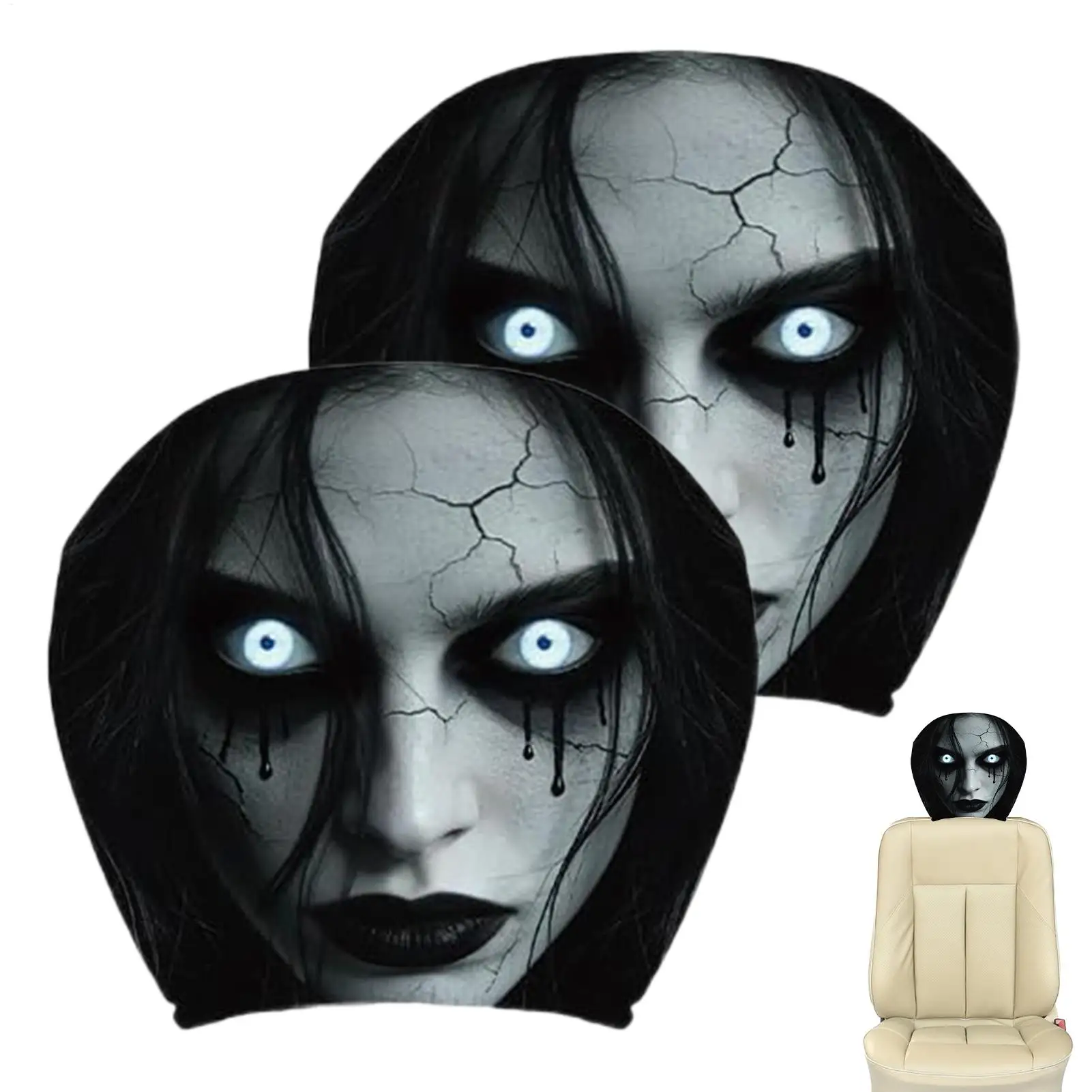 2-Pieces Halloween Horror Ghost Car Headrest Cover Hilarious Car Headrest Protector Printed Scary Elastic Seat Headrest Cover