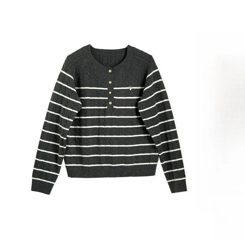 Sweter damski w paski OLrain, dzianina, jesień 2025, nowy, z blokami kolorów, styl francuski, dekolt okrągły, sweter wkładany przez głowę, bluzka do biura, N56QZ86523