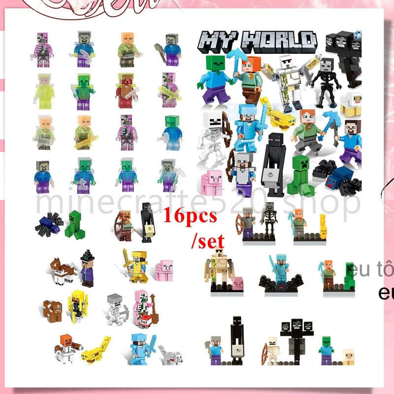 سلسلة ماين كرافت 16 قطعة/المجموعة/مجموعة مكعبات بناء MC ألعاب صغيرة مجمعة بناء كتل متوافقة لعبة شخصيات كرتونية