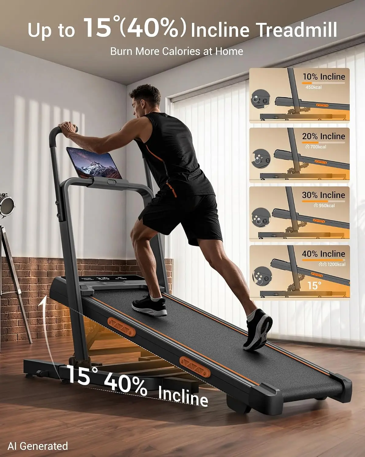 Walking Pad Treadmill 40% Incline Dual Handle Foldable Compact Portable Home 3HP 6.2MPH 350LBS Tablet Holder, Customized
