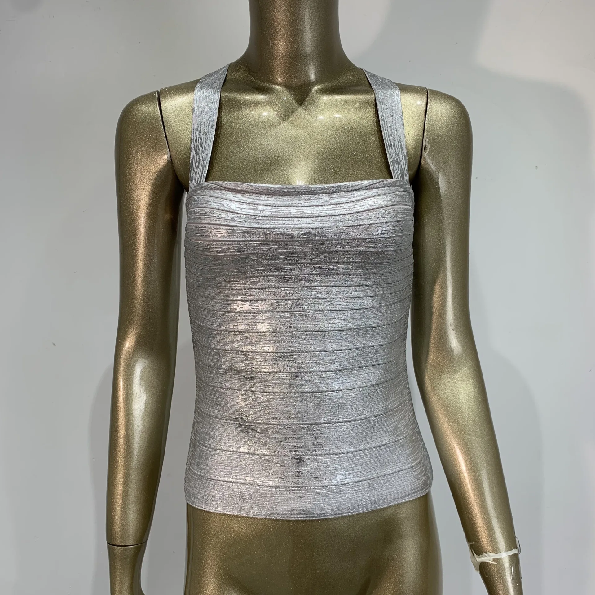 Sparkly Elastic Bronzing Gold Silver Bandage Vest Square Neck Sleeveless Backless Slim Fit Top Spicy Girl High Street Party Wear