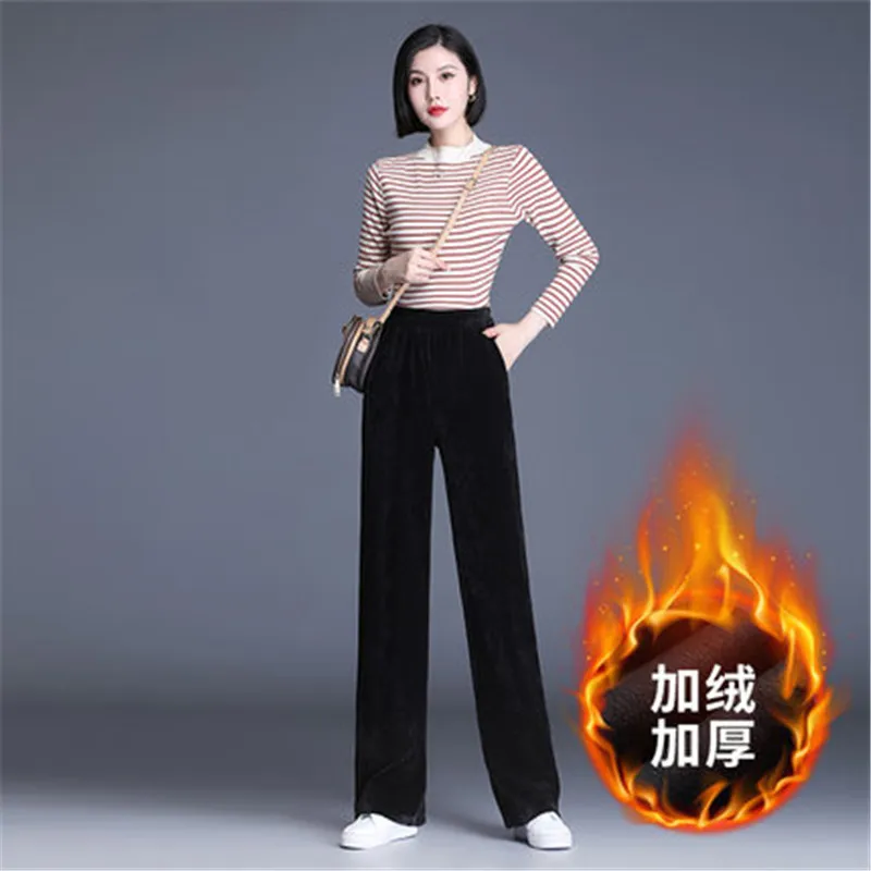 Women Warm Winter Plush Thick Pants Lambskin Cashmere Corduroy Trousers High Waist Casual Cotton Loose Female Wide Leg Pants